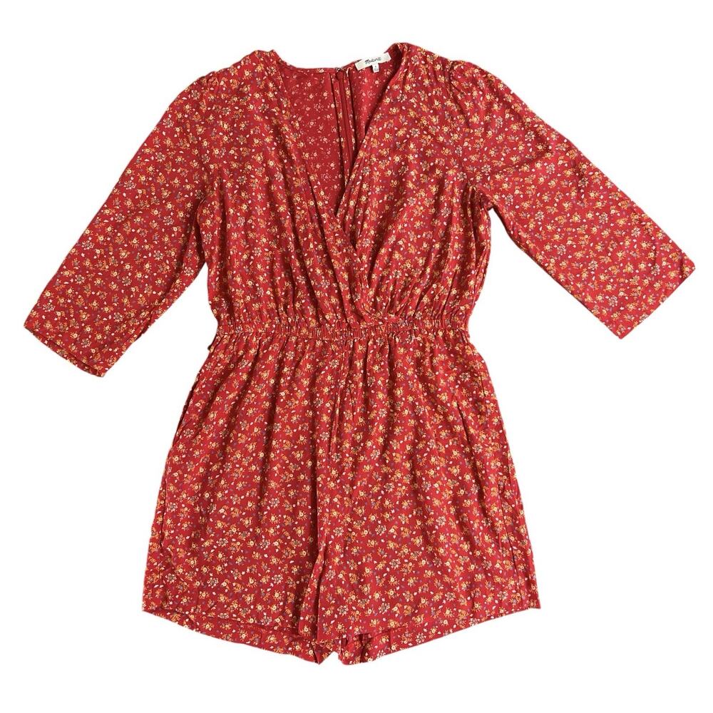 Madewell Romper Women's 8 Red Floral 3/4 Sleeve Jumpsuit Shorts Casual Suit